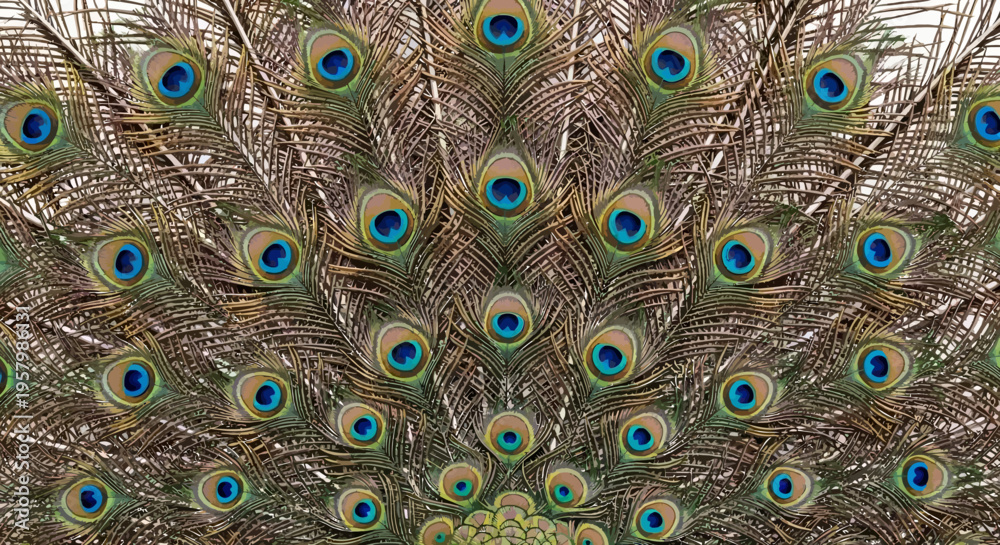 Obraz premium Peacock feathers colorful eyespots vibrant blue green brown plumage