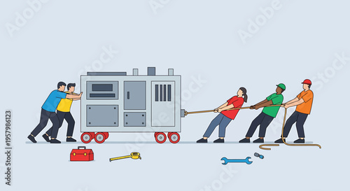 Four people pulling a large appliance.