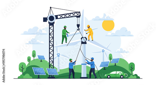 Workers installing solar panel outdoors.