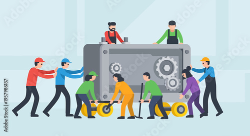 People Working Together Moving Large Object.