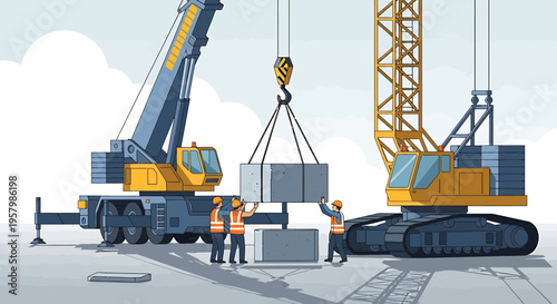 Cranes lifting heavy industrial construction materials.