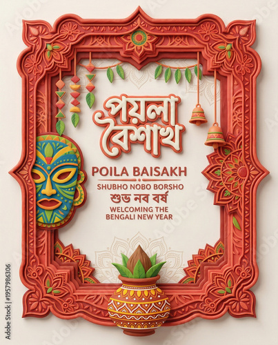 Poila Baisakh Bengali New Year Celebration 3D Illustration with Traditional Mask
