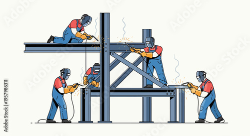 Workers welding steel construction beams.