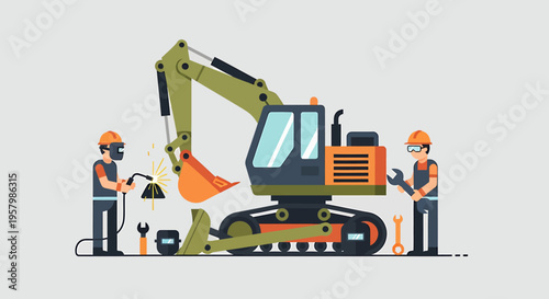Construction workers with excavator machine.