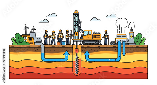 Drilling operation with workers and equipment.