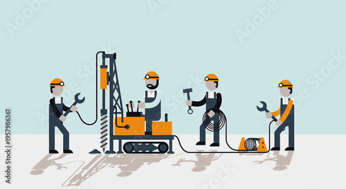 Workers operating drilling machine equipment.