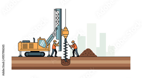 Construction workers operating drilling machine.