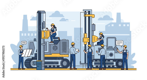 Industrial workers operating heavy machinery.