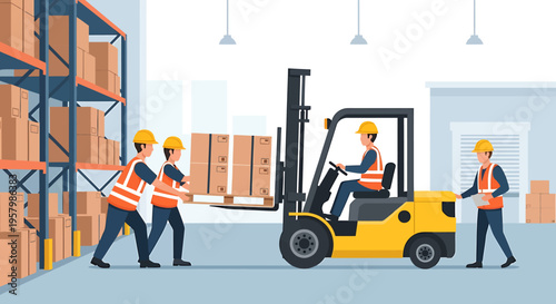 Workers operating forklift in warehouse.