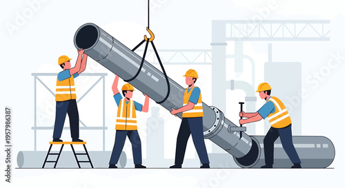 Construction workers handling large pipe.