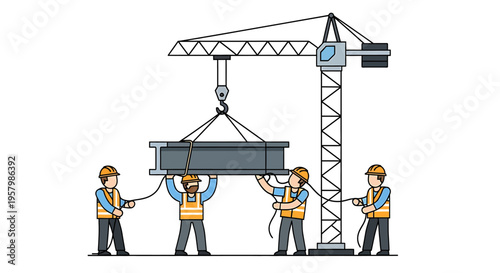 Construction workers lifting heavy metal beam.