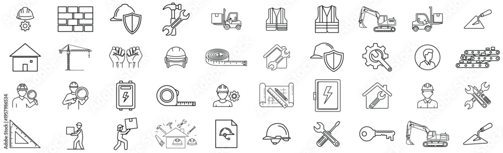 Fototapeta premium Mixed UI and Object Icon Set – Minimal Line Symbols for Web, App Interface and Everyday Elements Vector Collection