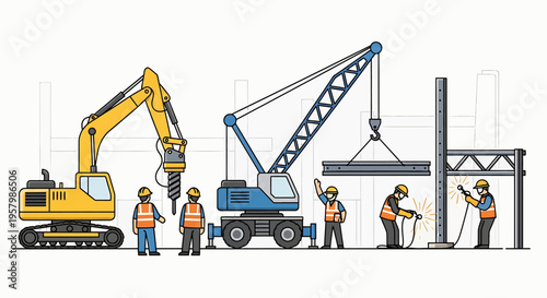 Construction workers with heavy machinery equipment.