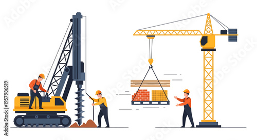 Construction workers operating heavy machinery.