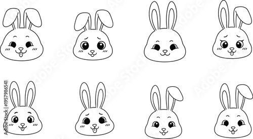 Cute cartoon rabbits with various happy and playful expressions on their faces