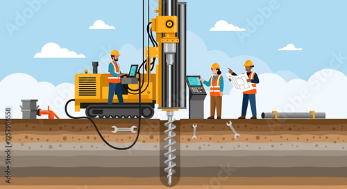 Workers operating large drilling machine equipment.