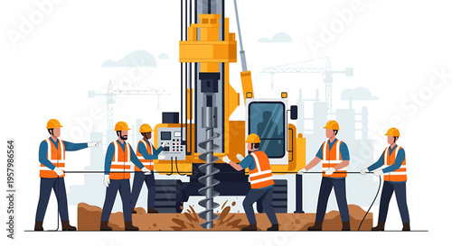 Construction workers operating heavy machinery.