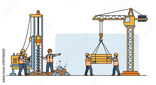 Construction workers operating heavy machinery.