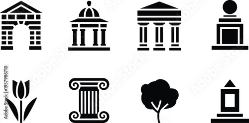 Classic architecture icons set, arch, dome, columns, monument, botanical elements, black and white vector illustration silhouette collection design