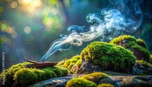 Burning incense stick on green mossy rocks with ethereal blue smoke in a sunlit forest