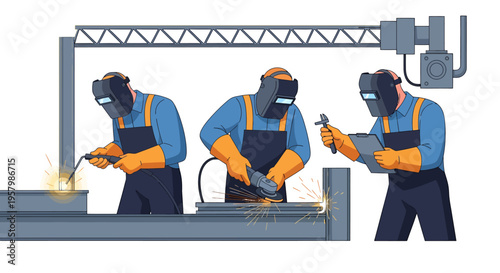 Workers wearing protective gear welding metal.
