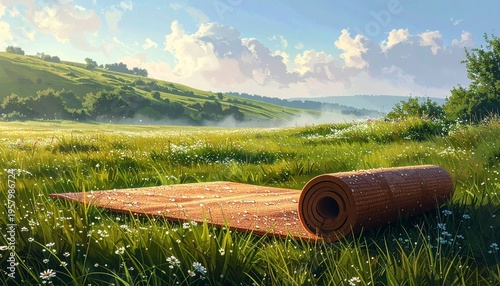 Brown yoga mat on a vast green field with morning mist and soft sunlight hitting the hills