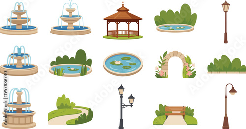 Garden park icons set, fountains, gazebo, pond, street lamps, bench, arch, greenery, flat vector illustration landscape design collection