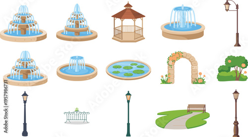 Garden park elements set, fountains, gazebo, street lamps, bench, arch, trees, pond, flat vector illustration landscape design collection