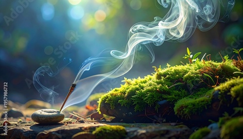 Incense stick burning on a smooth river stone amidst green moss and magical forest lighting