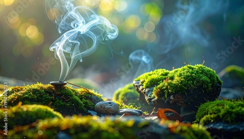 Swirling incense smoke rising from a moss-covered stone in a bright natural environment