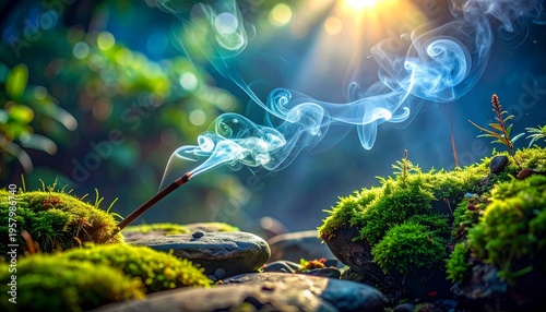 Close-up of burning incense with thick blue smoke in a lush sun-drenched forest setting