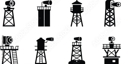 Industrial watchtower icon set, surveillance towers, guard posts, security monitoring structures, black and white vector illustration silhouette collection design