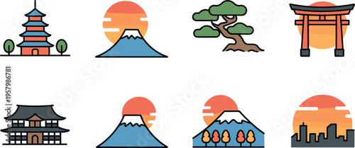 Japanese culture icons set, Mount Fuji, torii gate, pagoda, bonsai tree, sunset landscape, flat vector illustration, travel design collection