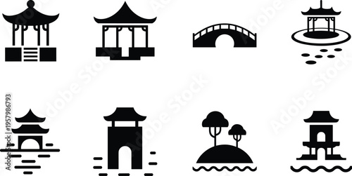 Japanese garden landscape icons set, pavilion, bridge, pagoda, island trees, water scenery, black and white vector illustration collection design