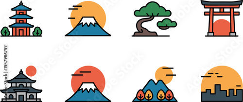 Japanese icon set, Mount Fuji, torii gate, pagoda, bonsai tree, sunset landscape, flat vector illustration, travel culture design collection