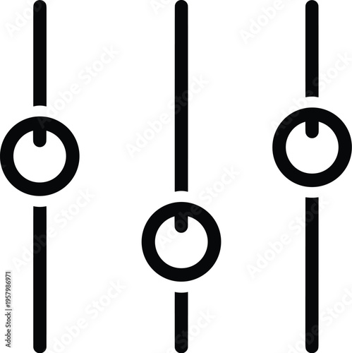Vertical sliders control icon, audio adjustment graphic, customization interface symbol, sound mixing design, digital settings artwork, black line drawing
