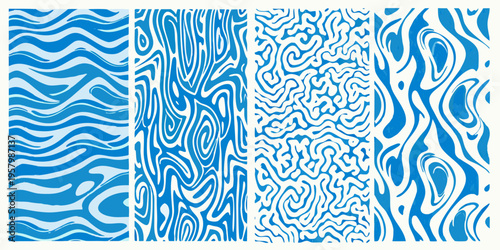 Four vertical panels displaying swirling blue wave like patterns