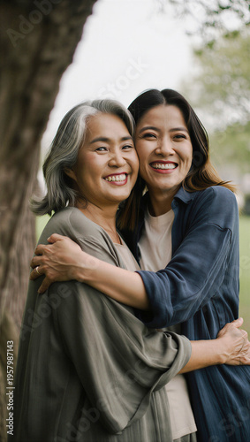 Adult daughter joyfully celebrating her silver-haired mother's new retirement chapter with a tight, emotional embrace during a casual park visit.