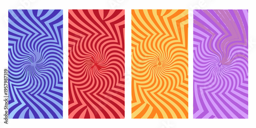 Four vibrant swirling striped patterns in blue red orange and purple