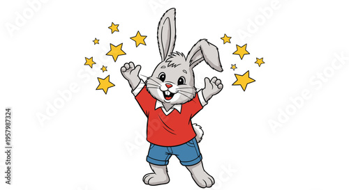 Cartoon rabbit wearing red shirt and blue shorts with stars around