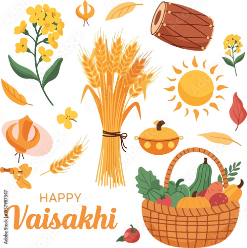 Happy Vaisakhi Celebration Elements Set with Wheat Stalks, Dhol Drum, Khanda Symbol, and Harvest Vegetables on White Background