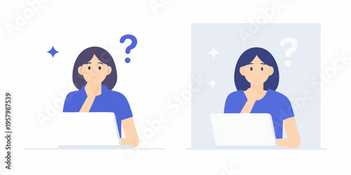 Woman pondering with question marks using a laptop in a reflective scene