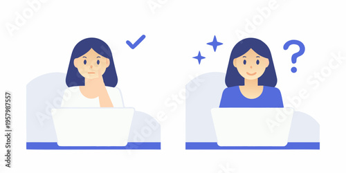 Two women using laptops one thoughtful the other questioning