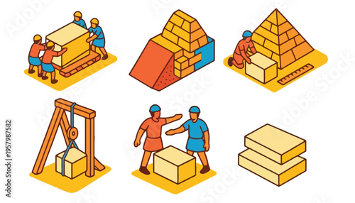 Construction workers building a pyramid with large stone blocks illustration