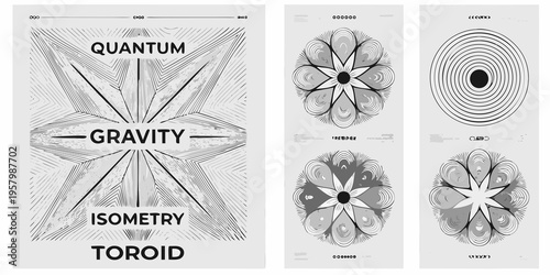 Abstract geometric designs with text referencing quantum physics and geometry