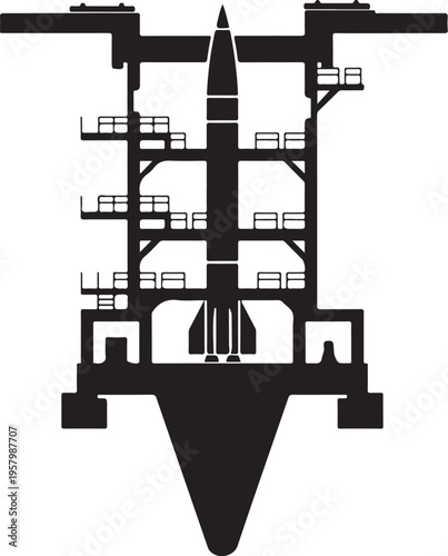 Vector silhouette of a rocket on launchpad
