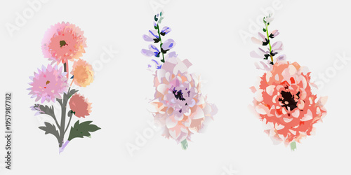 Stylized floral illustration featuring three different flower arrangements