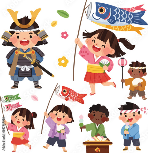 Japanese Children's Day Celebration Illustration Set with Koinobori Windsocks, Samurai Boy, and Traditional Snacks for Kodomo no Hi Festival
