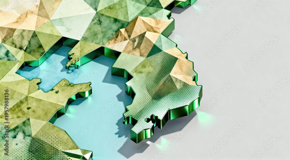 Fototapeta premium Professional korea, map, 3d, low poly, green visual in golden hour lighting, balanced composition with realistic lighting, suitable for editorial use, marketing materials, digital design and commercia
