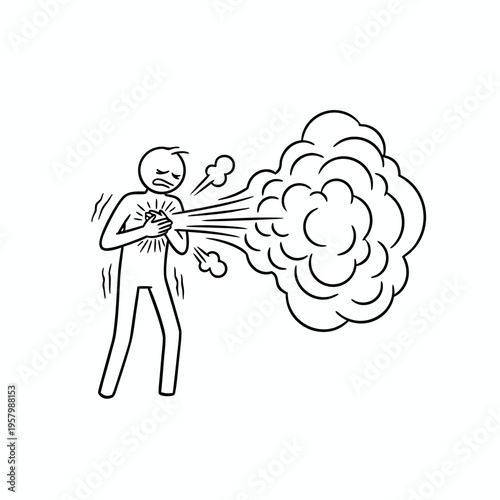 Outlined stickman character clutching chest during severe coughing fit representing respiratory distress